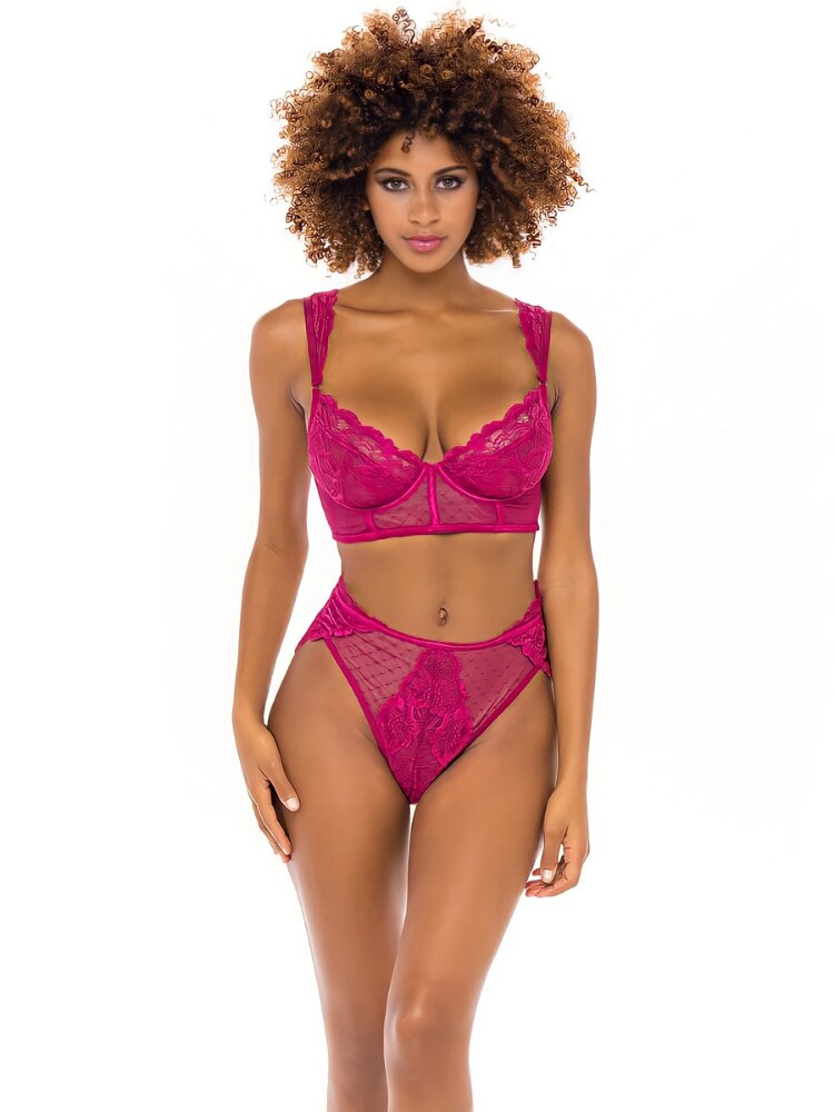 Cherry pink semi sheer floral lace and dotted mesh crop top soft cup underwire bra and high waist panty. - Sensual Sinsations