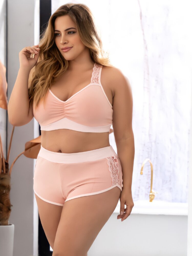 Plus size petal pink bra and shorts pajama set with floral lace accents. - Sensual Sinsations