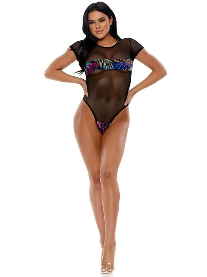 Black sheer mesh hooded bodysuit with palm leaf print design coverage of breasts and panty area. - Sensual Sinsations