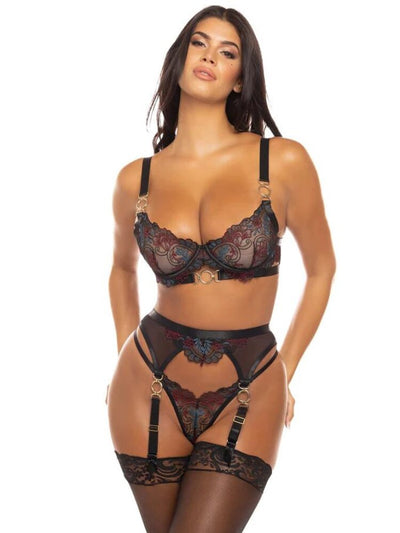 Three-piece embroidered lingerie set with bra, panty and garter belt. - Sensual Sinsations