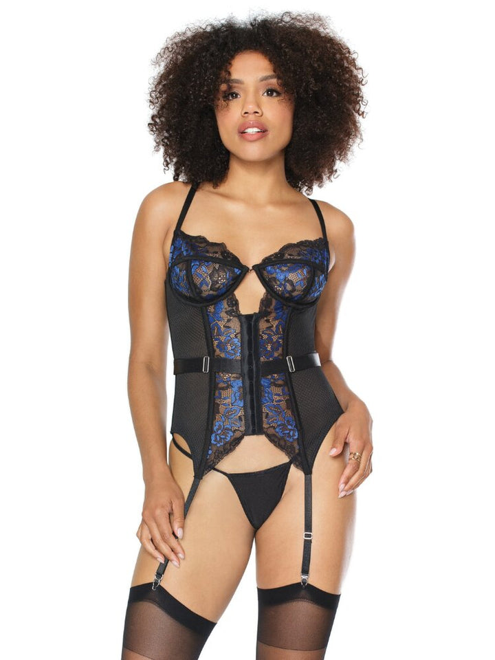 Black net and blue floral bustier with soft lace underwire cups. - Sensual Sinsations