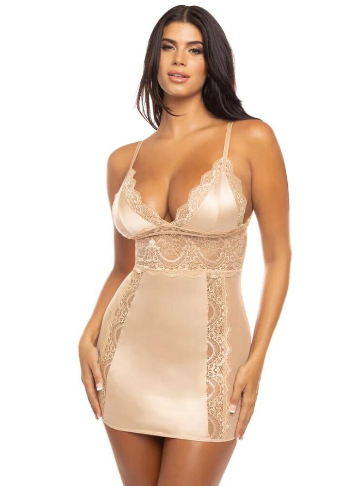 Almond satin, mesh and lace babydoll with soft cups and adjustable straps. - Sensual Sinsations