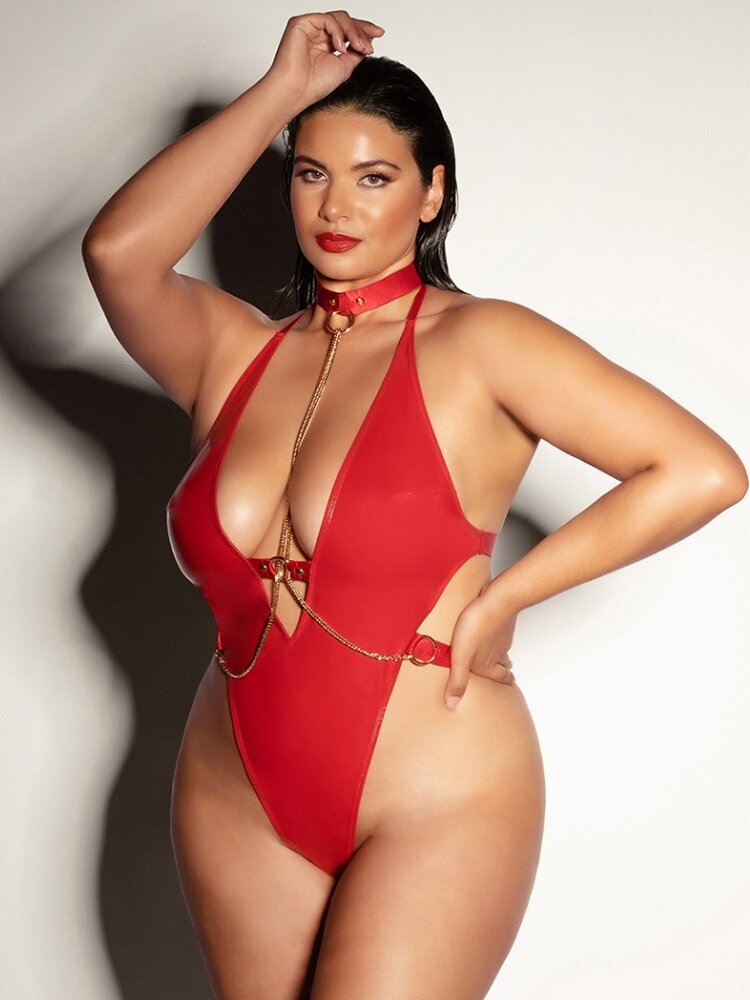 Plus size red vinly and gold chain submission teddy. - Sensual Sinsations