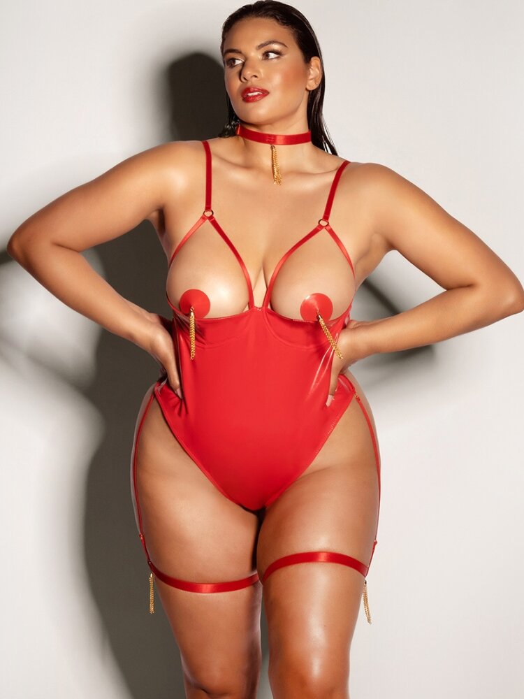 Plus size Red vinyl wet look open cup teddy with nipple covers. - Sensual Sinsations