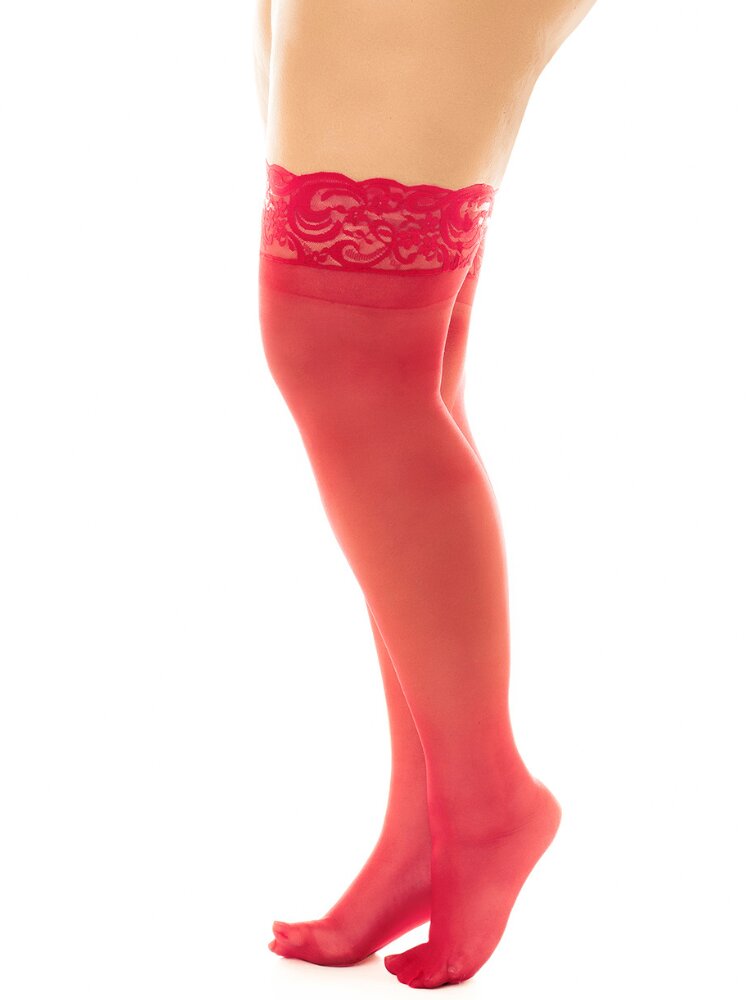 Plus size sheer red lace top silicone lined thigh highs. - Sensual Sinsations