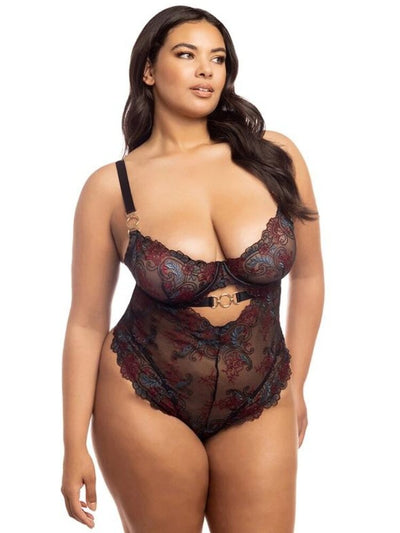 Plus size black mesh and floral embroidered teddy with silver hardware. - Sensual Sinsations