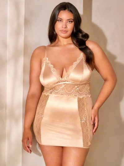 Plus size almond satin, mesh and lace babydoll with soft cups and adjustable straps. - Sensual Sinsations