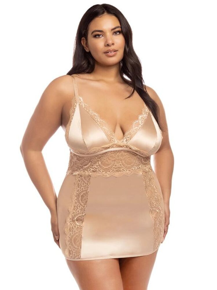 Plus size almond satin, mesh and lace babydoll with soft cups and adjustable straps. - Sensual Sinsations