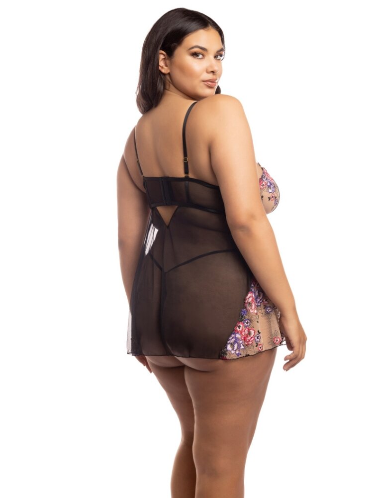 Plus size Sheer black and floral embroidered babydoll women's lingerie. - Sensual Sinsations