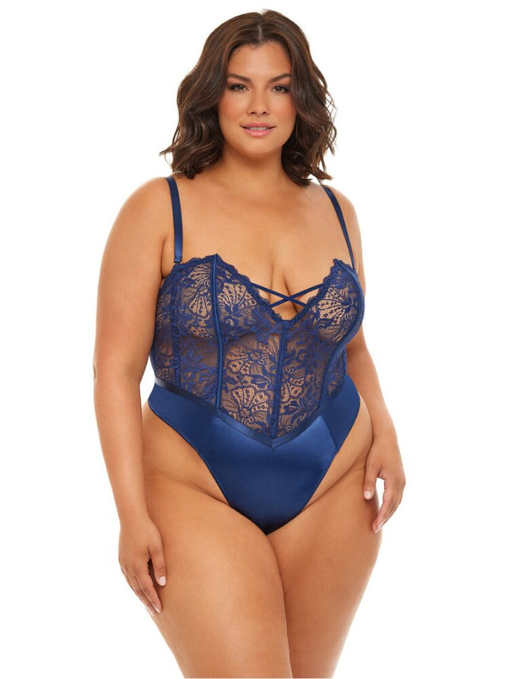 Plus size estate blue satin and lace thong back teddy. - Sensual Sinsations