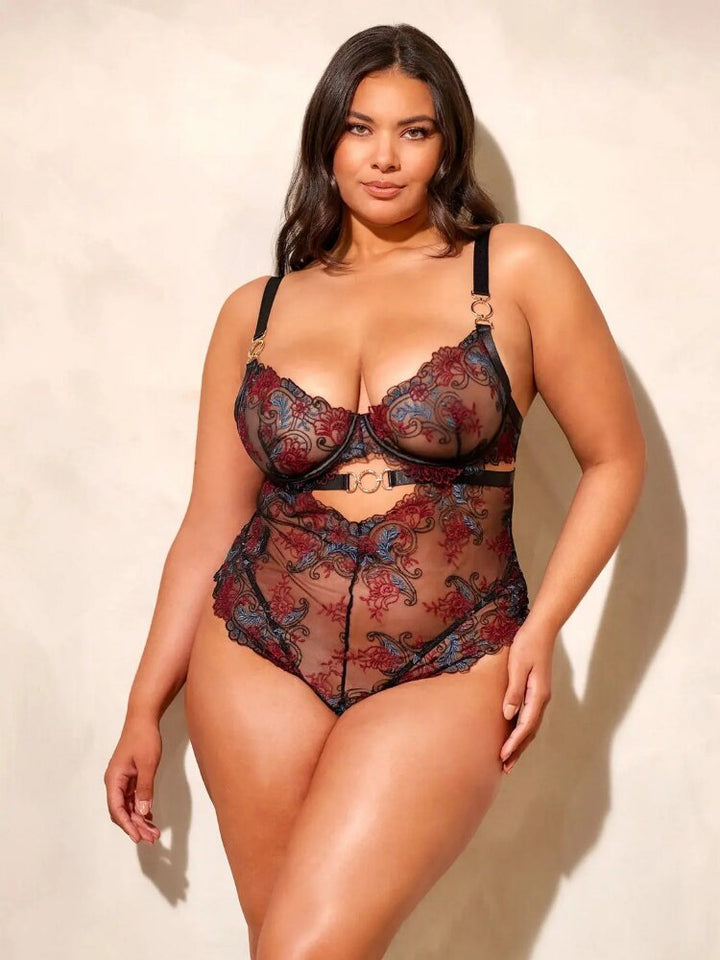 Plus size black mesh and floral embroidered teddy with silver hardware. - Sensual Sinsations