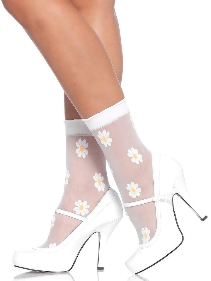 White opaque mesh ankle socks with yellow center daisies accents. - Sensual Sinsations