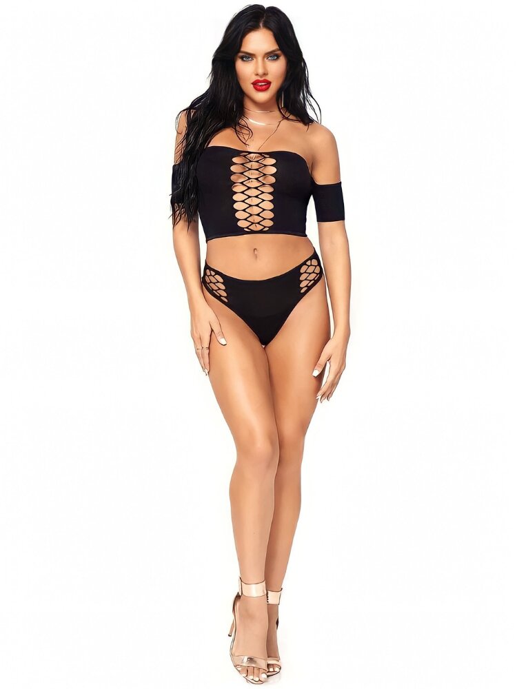 Black off the shoulder crop top and high waist panty set with crisscross detail. - Sensual Sinsations