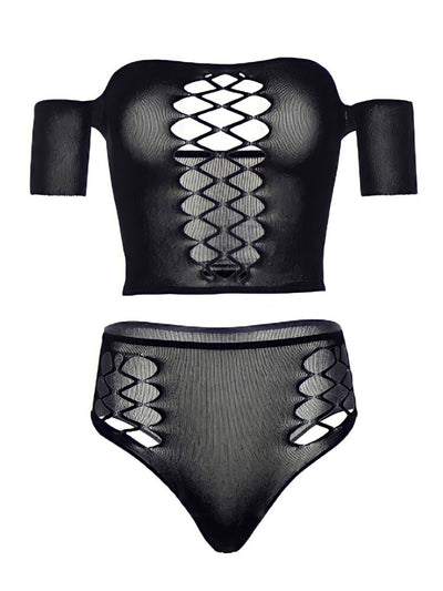 Black off the shoulder crop top and high waist panty set with crisscross detail. - Sensual Sinsations