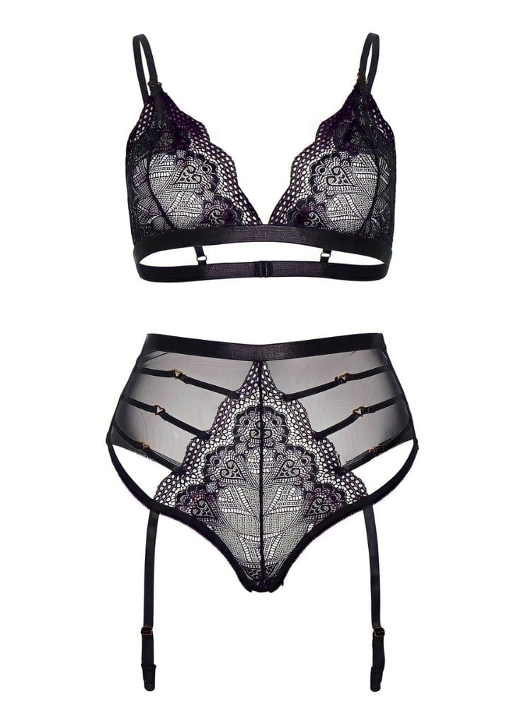 Floral and heart sheer lace high waist strappy panty and bralette lingerie two piece set with heart hardware straps. - Sensual Sinsations