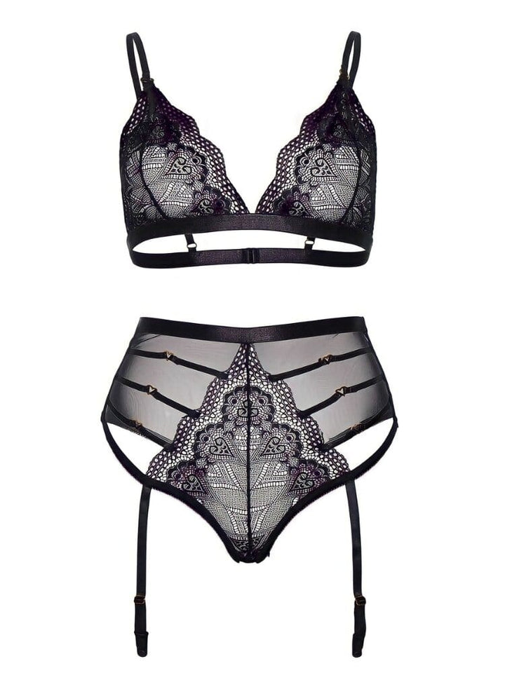 Floral and heart sheer lace high waist strappy panty and bralette lingerie two piece set with heart hardware straps. - Sensual Sinsations