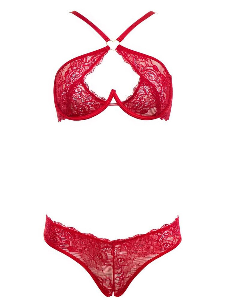 Red floral lace v-wire bralette with keyhole center and heart pendandt O-ring and matching floral lace panty - Sensual Sinsations