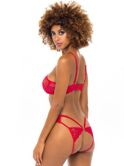 Red floral lace v-wire bralette with keyhole center and heart pendandt O-ring and matching floral lace panty - Sensual Sinsations