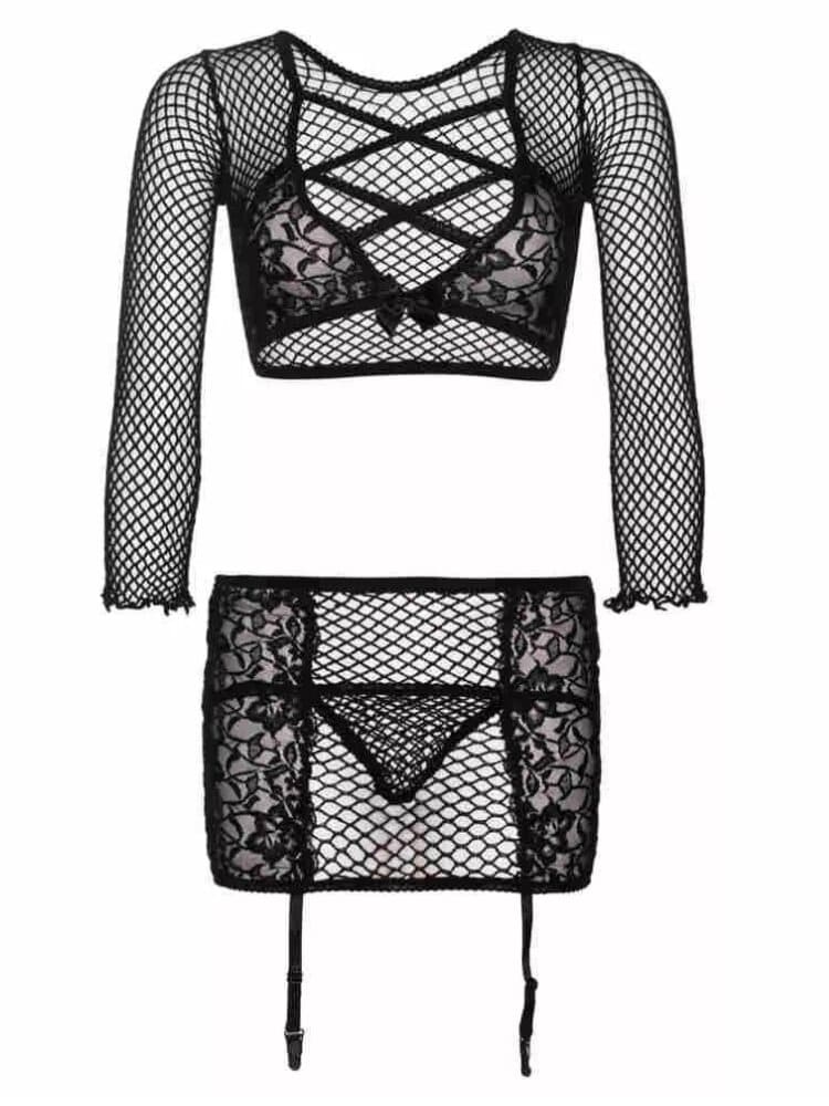 3 piece lingerie set with fishnet and floral lace crop top, mini skirt and matching thong panty.  - Sensual Sinsations
