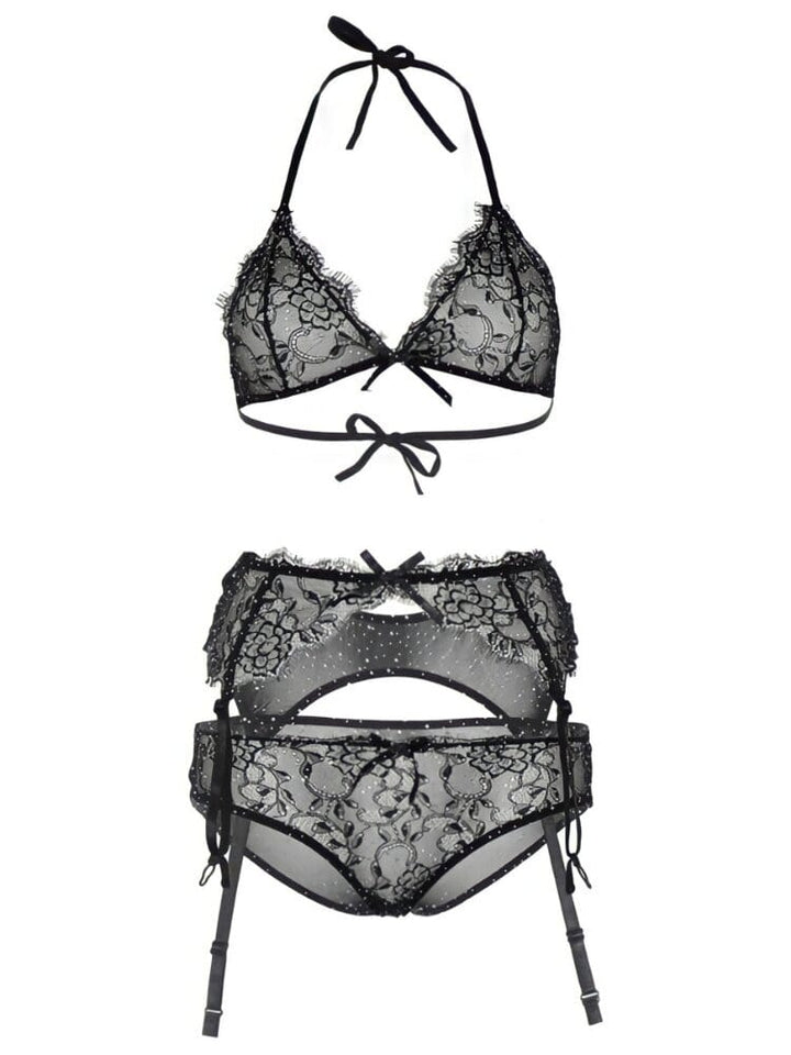 Black floral lace with rhinestones bralette nd panty set with garter belt. - Sensual Sinsations