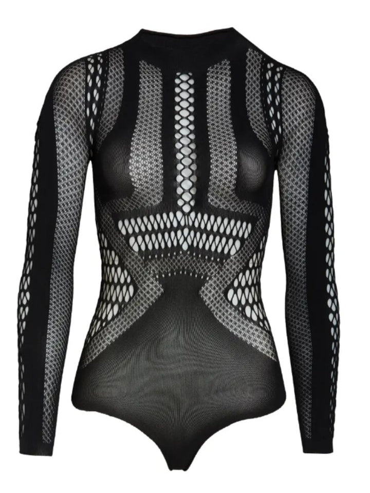 Black long sleeve mesh and knit fishnet bodysuit with open back. - Sensual Sinsations.
