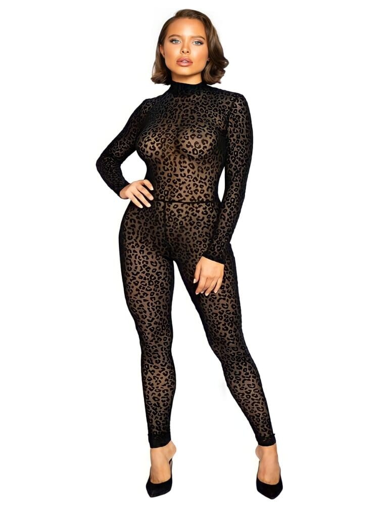 Long sleeve black semi sheer mesh velvet leopard print high neck bodysuit. - Sensual Sinsations