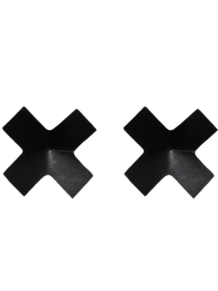 1 Pair. Cross-shaped black pleather pasties with reusable self adhesive backing. - Sensual Sinsations