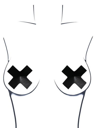 1 Pair. Cross-shaped black pleather pasties with reusable self adhesive backing. - Sensual Sinsations