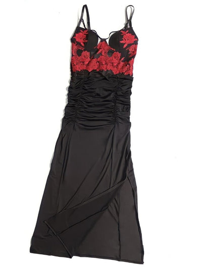Black full length bedroom gown with red embroidery and rouching details and leg slit. Sensual Sinsations