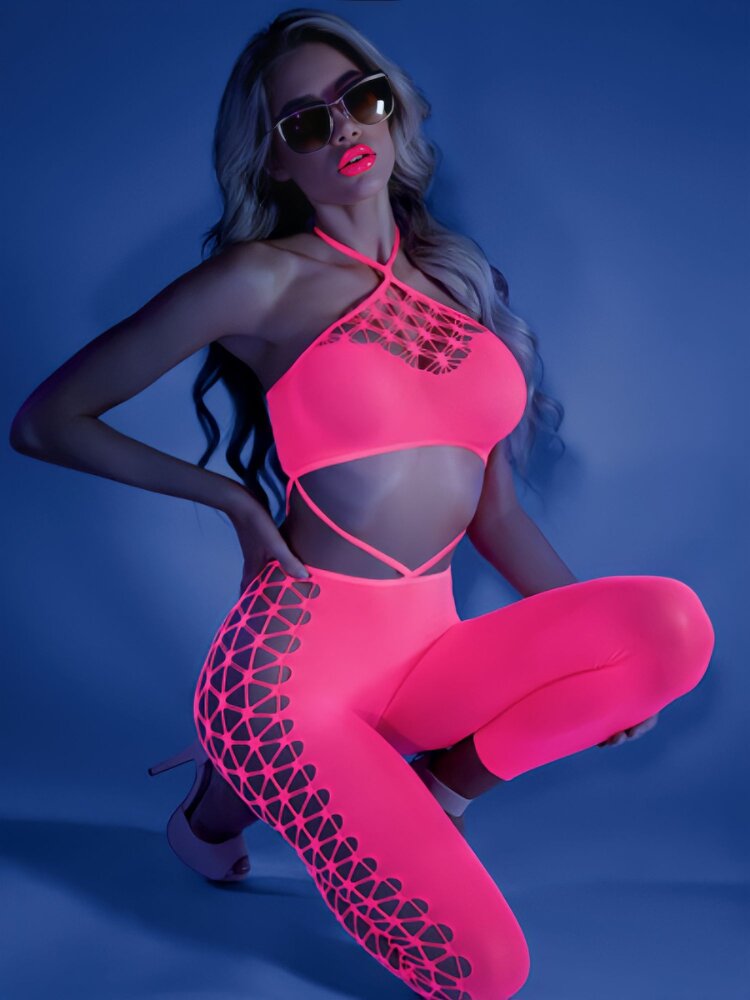 Blacklight neon pink cutout bodystocking. - Sensual Sinsations