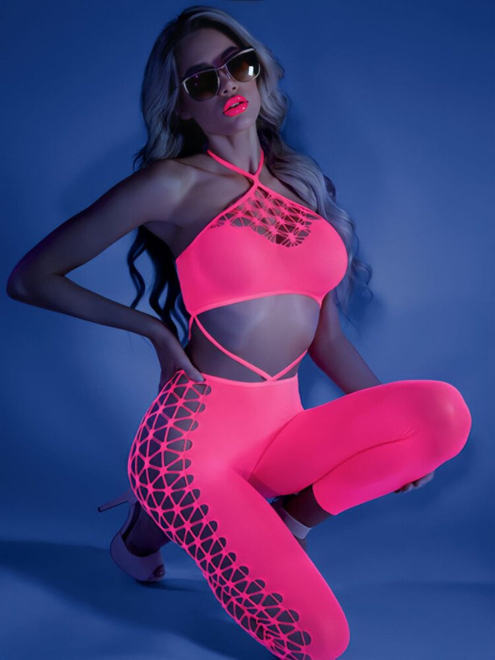 Blacklight neon pink cutout bodystocking. - Sensual Sinsations