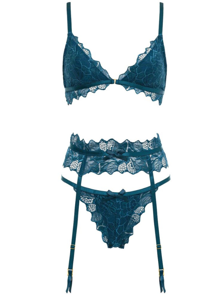 Blue coral semi sheer floral lace 3-piece bralette & panty set, satin bows, scalloped lace, garter belt adjustable straps. - Sensual Sinsations