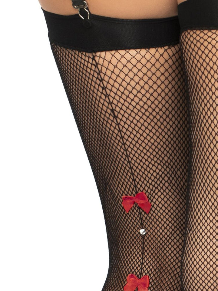 Black fishnet thigh high stockings with backseam featuring red bows and rhinestone accents. - Sensual Sinsations