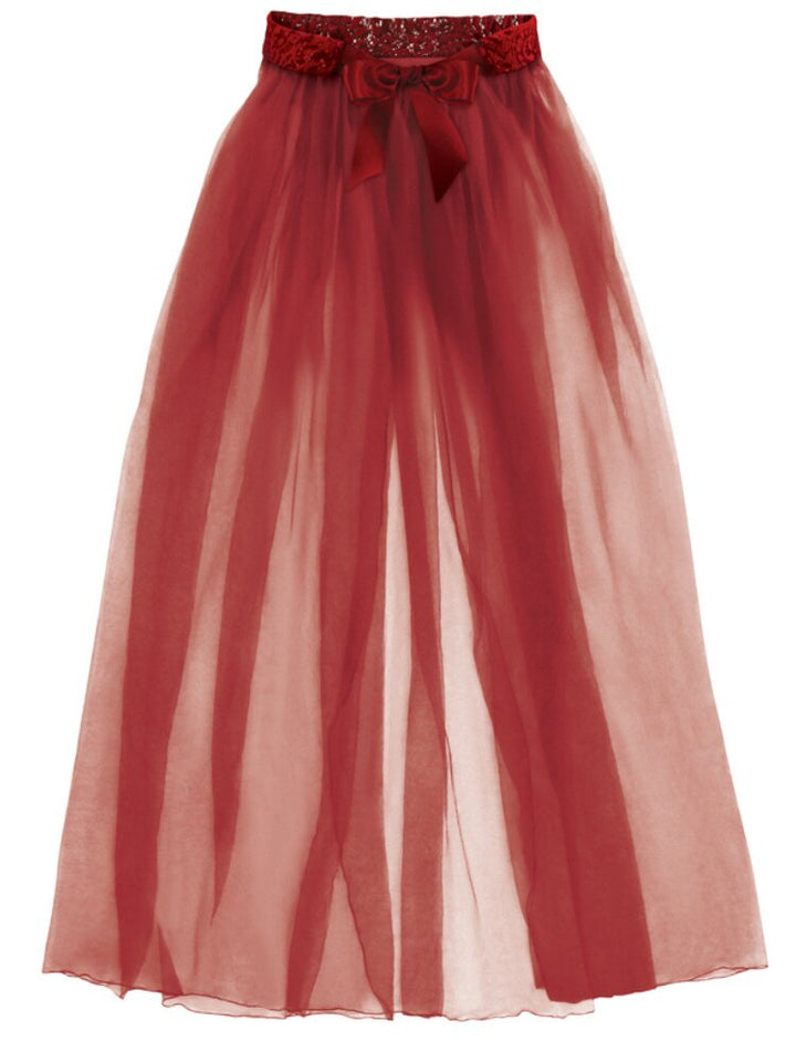 Burgundy wine sheer tulle wrap skirt with lace band and satin sash. - Sensual Sinsations