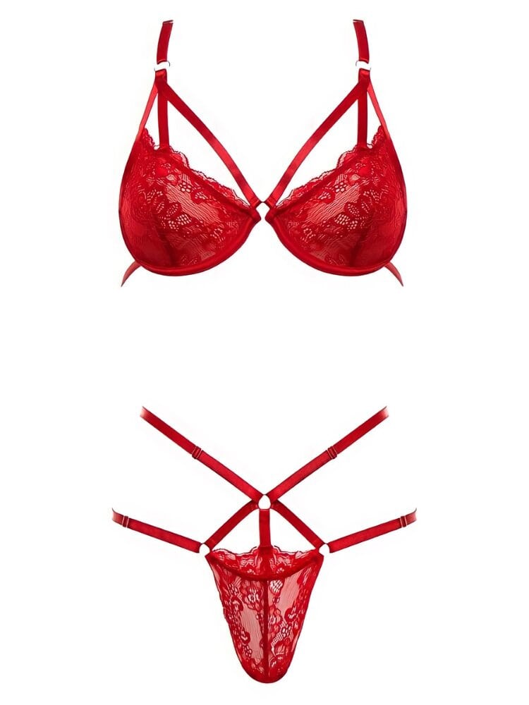 Red floral lace underwire caged strap bra and matching lace and high strappy panty. - Sensual Sinsations