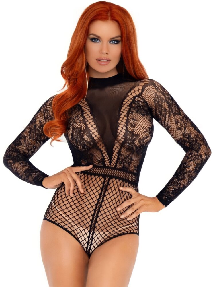Black long sleeved, high neck floral net and fishnet bodysuit with snap crotch closure. - Sensual Sinsations