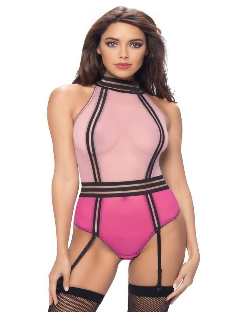 Pink and black mesh high neck and open back teddy with garter straps. - Sensual Sinsations