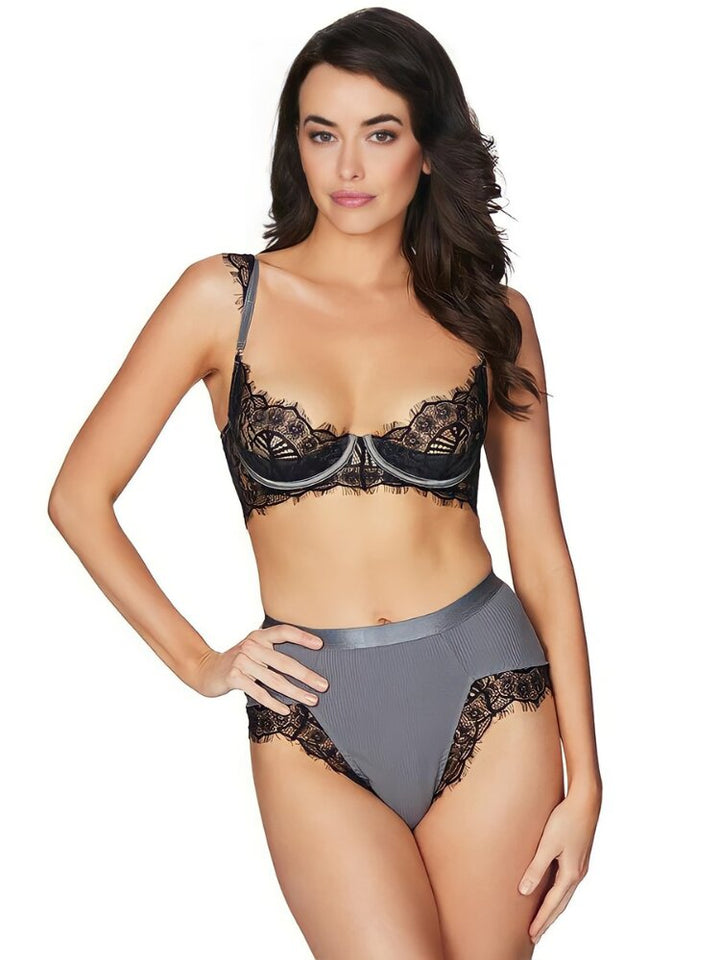 Gray mesh and black lace demi cup and soft lace underwire bra with matching ribbed jersey nd black lace high waisted panty. - Sensual Sinsations