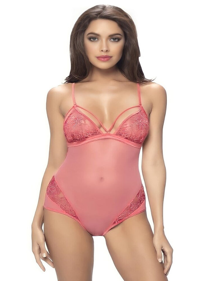 Coral pink sheer mesh and floral lace teddy with strappy tie back and scrunch butt accent. - Sensual Sinsations