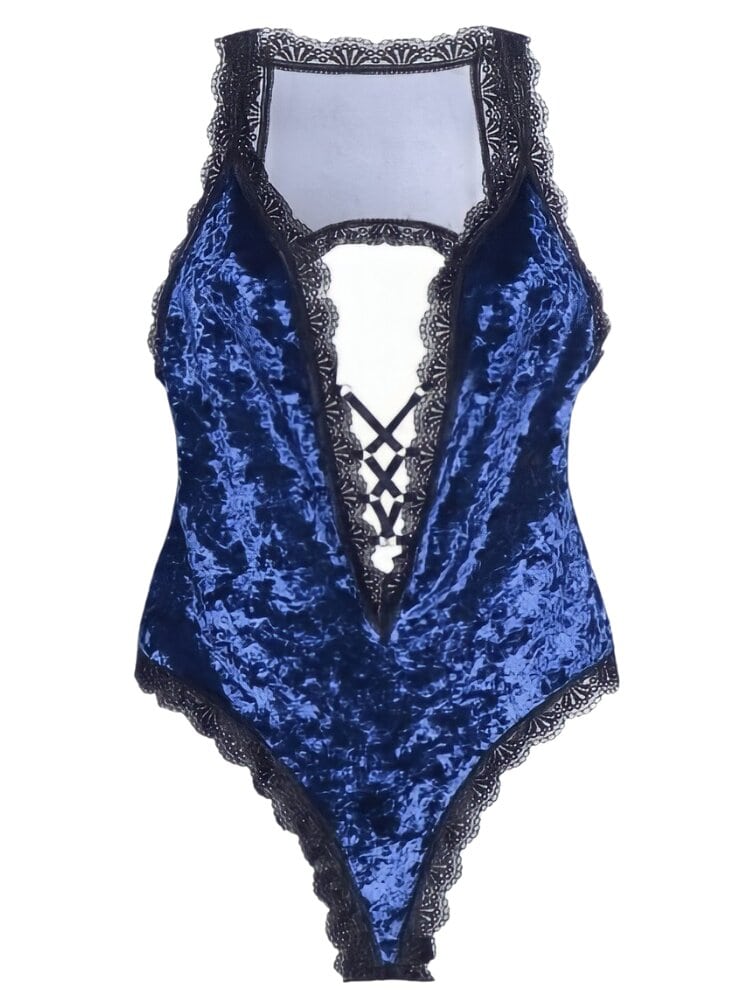 Blue luxurious crushed velvet and black mesh teddy with plunging front and lace trim with crisscross plunge detail. - Sensual Sinsations