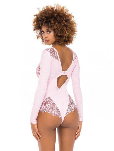 Crystal rose long sleeve ribbed knit teddy with sheer floral eyelash lace and soft lace cups and high cut hips. - Sensual Sinsations