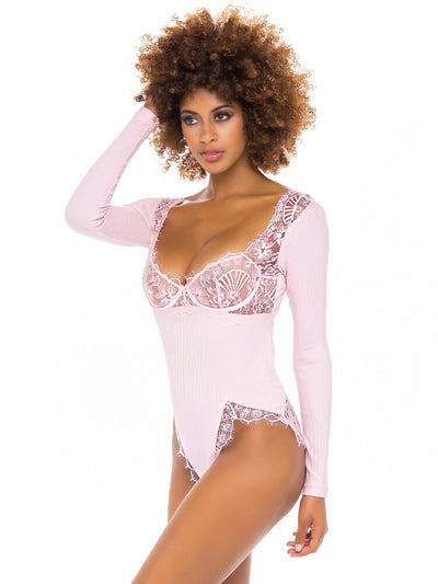 Crystal rose long sleeve ribbed knit teddy with sheer floral eyelash lace and soft lace cups and high cut hips. - Sensual Sinsations