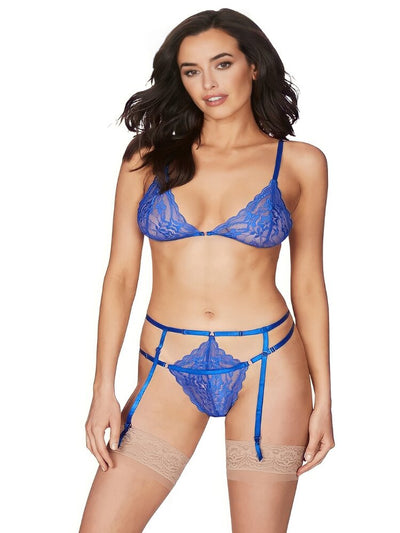 Dazzling blue sheer floral lace with scalloped trim bralette and gartered panty set. Sensual Sinsations
