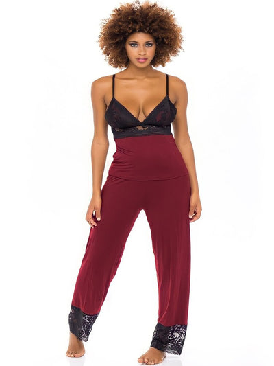 Rhubarb red jersey knit and black lace camisole and pants pajama set. - Sensual Sinsations