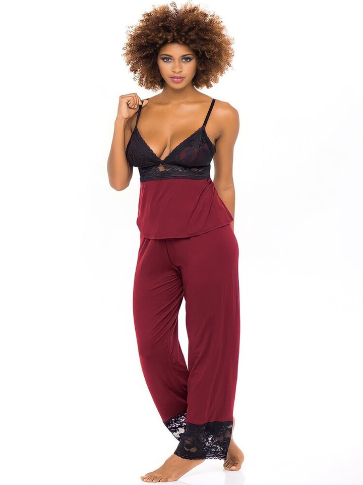 Rhubarb red jersey knit and black lace camisole and pants pajama set. - Sensual Sinsations
