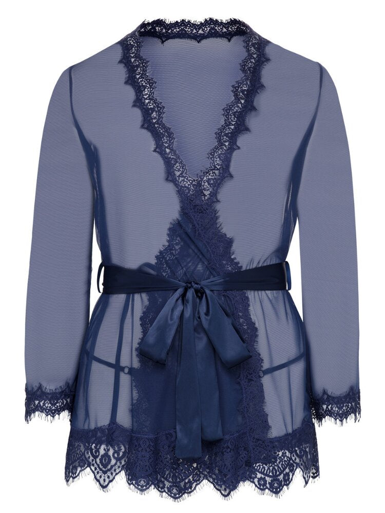 Plus Size Estate Blue sheer mesh robe with lace trim and a double faced satin sash. - Sensual Sinsations