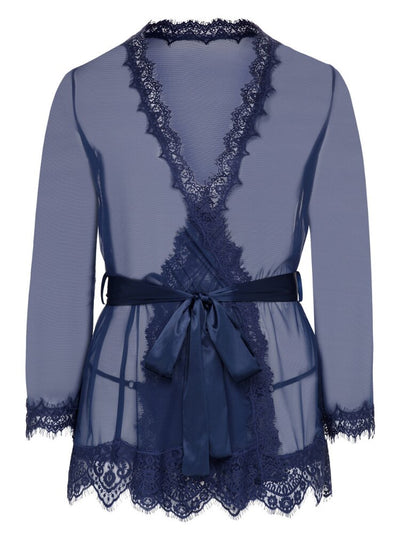 Estate Blue sheer mesh robe with lace trim and a double faced satin sash. - Sensual Sinsations