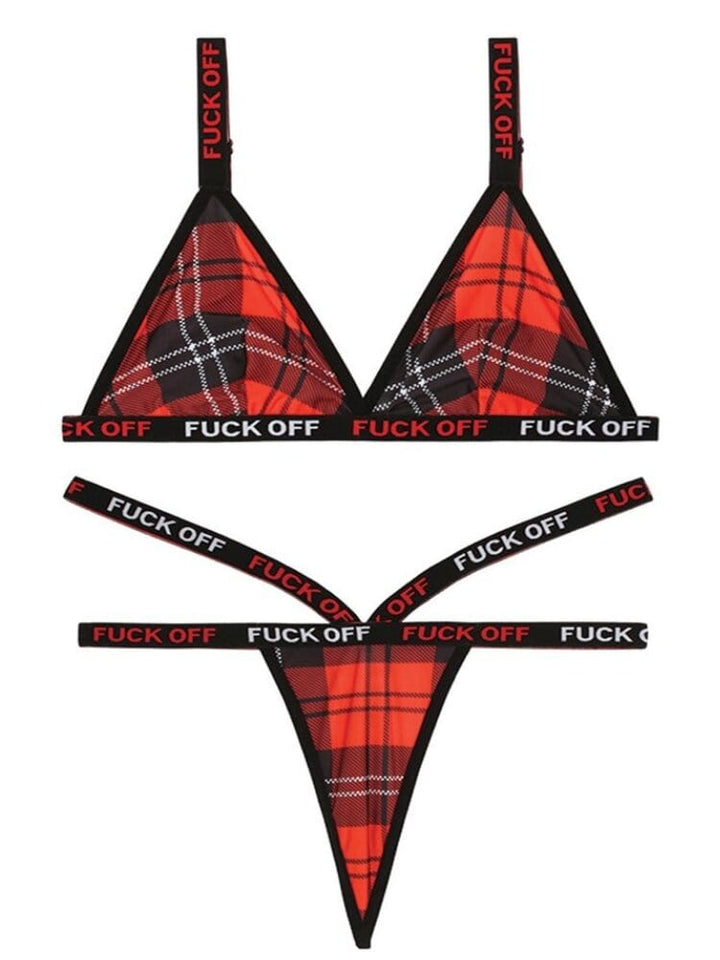 F*** Off Plaid bralette and strappy thong panty two piece lingerie set. - Sensual Sinsations