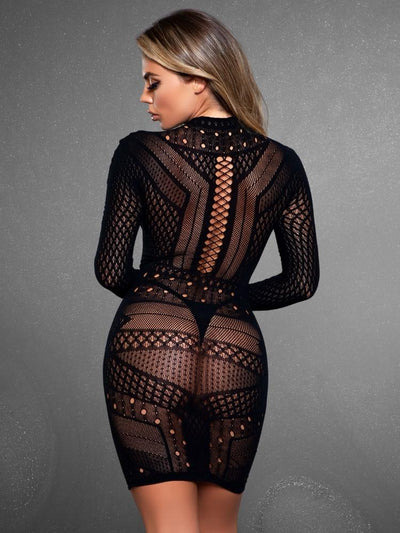 Long sleeved black net and high neck geometric design fitted mini dress. - Sensual Sinsations