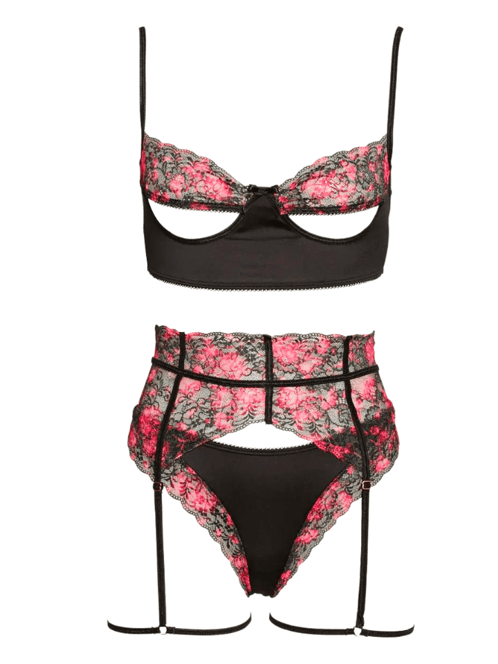 Pink floral lace and black mesh peek-a-boo bralette and matching panty set with high waist garter stay belt. Sensual Sinsations